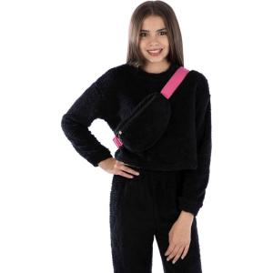 imageSpeechless Girls Long Sleeve Teddy Knit Pullover with FannypackBlack