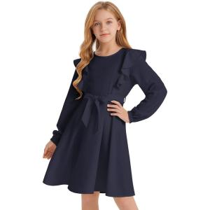 image:imageQuedoris Girls Ruffle Trim Dress Print and Solid Color Aline Swing Flared Belted Casual Party Dress with ZipperNavy Fall