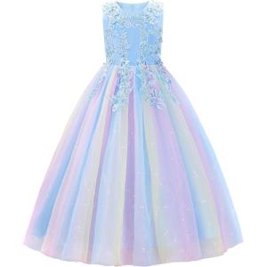 image:imageUhnice Flower Girl Dress Floral Lace Ball Gown Bridesmaid Formal Dresses for Wedding PartyRainbow Blue