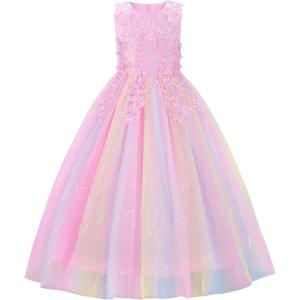 image:imageUhnice Flower Girl Dress Floral Lace Ball Gown Bridesmaid Formal Dresses for Wedding PartyRainbow Pink