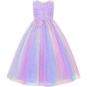 image:imageUhnice Flower Girl Dress Floral Lace Ball Gown Bridesmaid Formal Dresses for Wedding PartyRainbow Purple