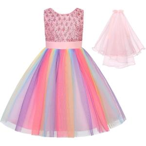 image:imageUhnice Flower Girl Sequin Dress Sleeveless Tulle VBack Gown Rainbow Prom for Wedding PartyPink