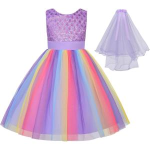 image:imageUhnice Flower Girl Sequin Dress Sleeveless Tulle VBack Gown Rainbow Prom for Wedding PartyPurple