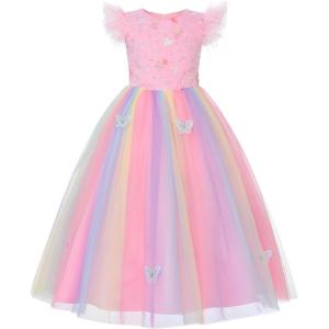 image:imageUhnice Flower Girl Tulle Dress Butterfly Embroidered Feather Sleeve Gown for Wedding PartyRainbow Pink