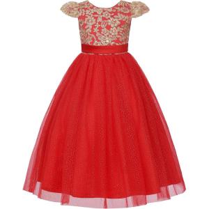 image:imageUhnice Girls Embroidered Mesh Flower Dress Tulle Formal Gown with Removable Bow for Wedding PartyRed