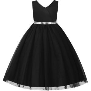 image:imageUhnice Flower Girls Satin Dress Sleeveless VBack Formal Ball Gown for Wedding PartyBlack