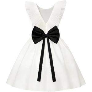 image:imageUhnice Sleeveless Flower Girl Dress with Removable Bow and Tulle Ruffle Detail Elegant Princess Outfit for Wedding PartyWhite With Black Accent