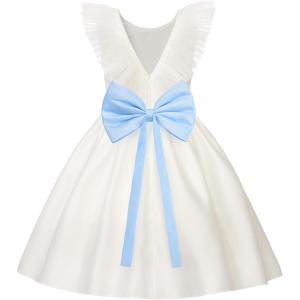 image:imageUhnice Sleeveless Flower Girl Dress with Removable Bow and Tulle Ruffle Detail Elegant Princess Outfit for Wedding PartyWhite With Blue Accent