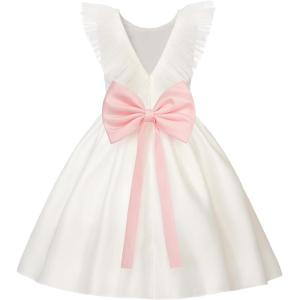 image:imageUhnice Sleeveless Flower Girl Dress with Removable Bow and Tulle Ruffle Detail Elegant Princess Outfit for Wedding PartyWhite With Pink Accent