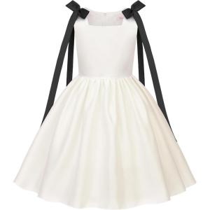 image:imageUhnice Sleeveless Off White Princess Dress with Fixed Bow Straps for Toddler Girls Wedding Party OutfitOff White With Black Bow