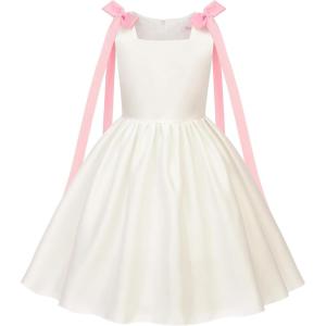 image:imageUhnice Sleeveless Off White Princess Dress with Fixed Bow Straps for Toddler Girls Wedding Party OutfitOff White With Pink Bow