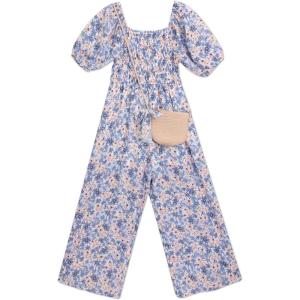 image:imageSpeechless Girls Puff Sleeve Print Woven Floral Cumberbund Tie Back JumpsuitIvory Coral