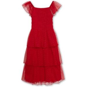 image:imageSpeechless Girls Flutter Sleeve Swiss Dot Smocked Bodice Midi DressRed