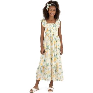 image:imageSpeechless Girls Printed Chiffon Smocked Bodice Maxi Dress with Pearl HeadbandIvoryYellow Floral