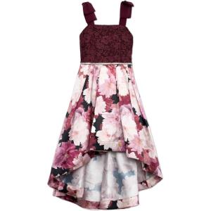 image:imageSpeechless Girls Printed Lace Mikado Bow Shoulder HighLow Midi with Rhinestone WaistBurgundy