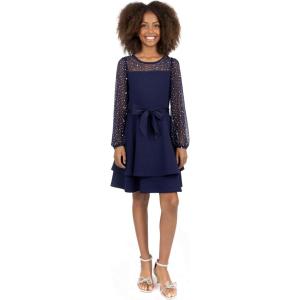 image:imageSpeechless Girls Scuba Crepe Skater Mini Dress with Sheer Sleeves and Pearl DetailNavy