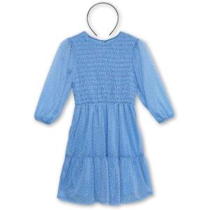 image:imageSpeechless Girls Sheer Long Sleeve Smocked Polka Dot Mesh Overlay Midi Dress with HeadbandBlueSilver