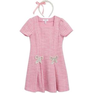 image:imageSpeechless Girls Short Sleeve Boucle Knit Pleated Mini Dress with Rhinestone Accents and HeadbandPinkivory