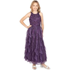 image:imageSpeechless Girls Sleeveless Glitter Lace and Tulle Corkscrew Maxi Ballgown DressEggplant