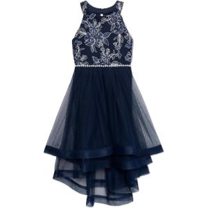 image:imageSpeechless Girls Sleeveless High Neck Embroidered Lace Tulle Rhinestone Waist High Low Midi DressNavy