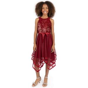 image:imageSpeechless Girls Sleeveless Sequin Mesh High Neck Tie Waist Handkerchief Hem Midi DressRed