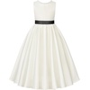 image:imageUhnice Girls Satin Flower Girl Dress with Pearl Trim Organza Sash and Detachable Bow Sleeveless Ankle Length Formal GownWhite With Black Sash and Bow