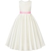 image:imageUhnice Girls Satin Flower Girl Dress with Pearl Trim Organza Sash and Detachable Bow Sleeveless Ankle Length Formal GownWhite With Pink Sash and Bow