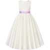 image:imageUhnice Girls Satin Flower Girl Dress with Pearl Trim Organza Sash and Detachable Bow Sleeveless Ankle Length Formal GownWhite With Purple Sash and Bow