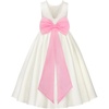 image:imageUhnice Girls Satin Flower Girl Dress with Pearl Trim Organza Sash and Detachable Bow Sleeveless Ankle Length Formal GownWhite With Pink Sash and Bow