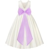 image:imageUhnice Girls Satin Flower Girl Dress with Pearl Trim Organza Sash and Detachable Bow Sleeveless Ankle Length Formal GownWhite With Purple Sash and Bow