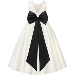 image:imageUhnice Girls Satin Flower Girl Dress with Pearl Trim Organza Sash and Detachable Bow Sleeveless Ankle Length Formal GownWhite With Black Sash and Bow