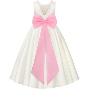 image:imageUhnice Girls Satin Flower Girl Dress with Pearl Trim Organza Sash and Detachable Bow Sleeveless Ankle Length Formal GownWhite With Pink Sash and Bow