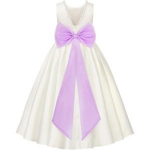 image:imageUhnice Girls Satin Flower Girl Dress with Pearl Trim Organza Sash and Detachable Bow Sleeveless Ankle Length Formal GownWhite With Purple Sash and Bow